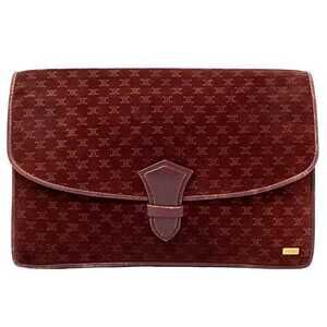 Celine Clutch Bag Bordeaux Red Macadam Flap Suede Leather Logo All over